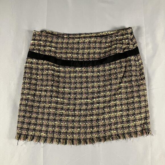 Bisou Bisou Dresses & Skirts - Bisou Bisou Skirt Womens 6 Black Pink Green Tweed Boucle Mini Fringe Lined‎